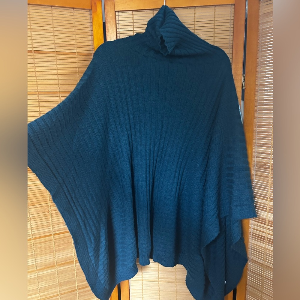Alpaka Peru Baby Alpaca & Merino Wool Ribbed Turtleneck Poncho – Teal Blue OS